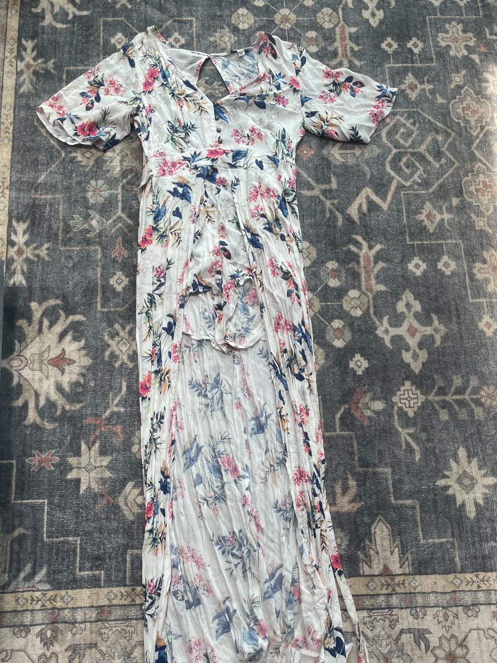 American Eagle Outfitters White Maxi Dress with Pink & Blue Floral Print